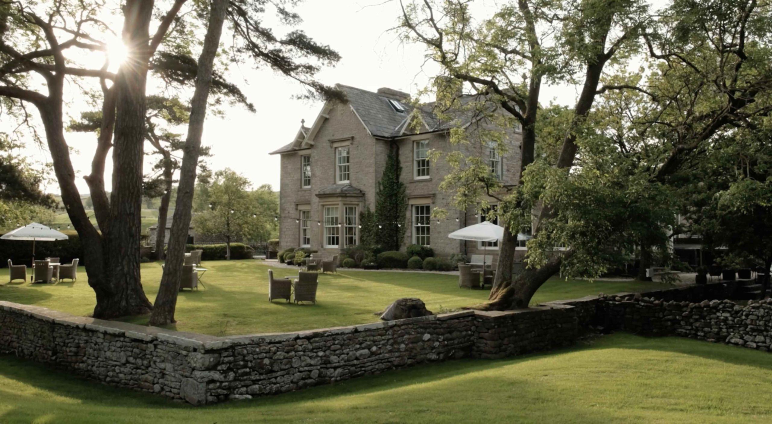 The image shows the exterior and grounds of Yorebridge House Hotel in North Yorkshire.