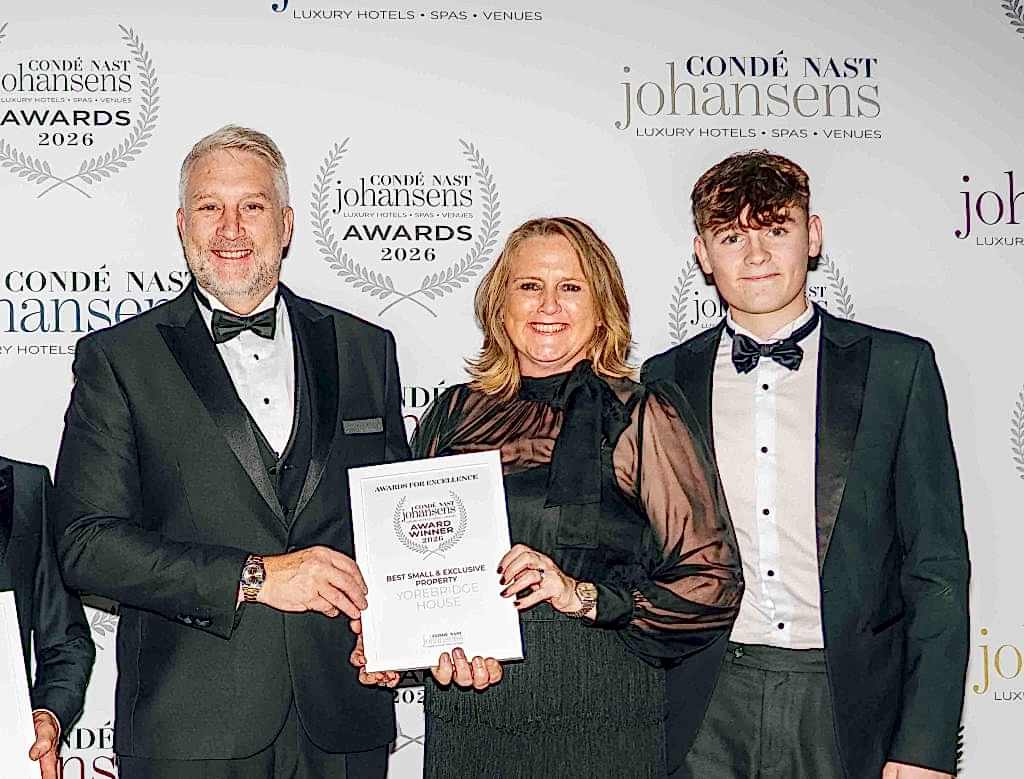 Yorebridge House owners David Whitehead and Joanne Dwyer pictured with Condé Nast Johansens Awards for Excellence 2026