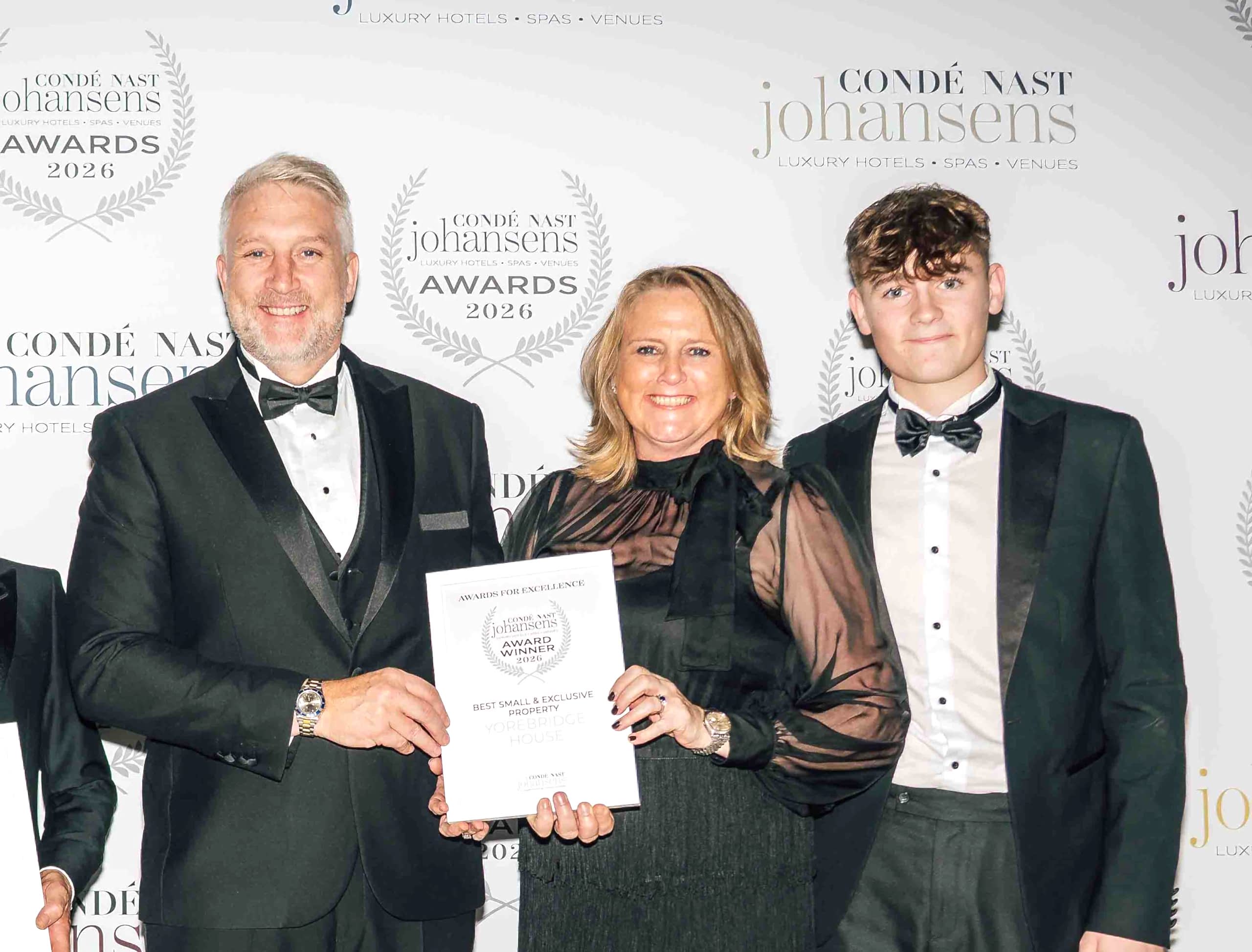 Yorebridge House owners David Whitehead and Joanne Dwyer pictured with Condé Nast Johansens Awards for Excellence 2026
