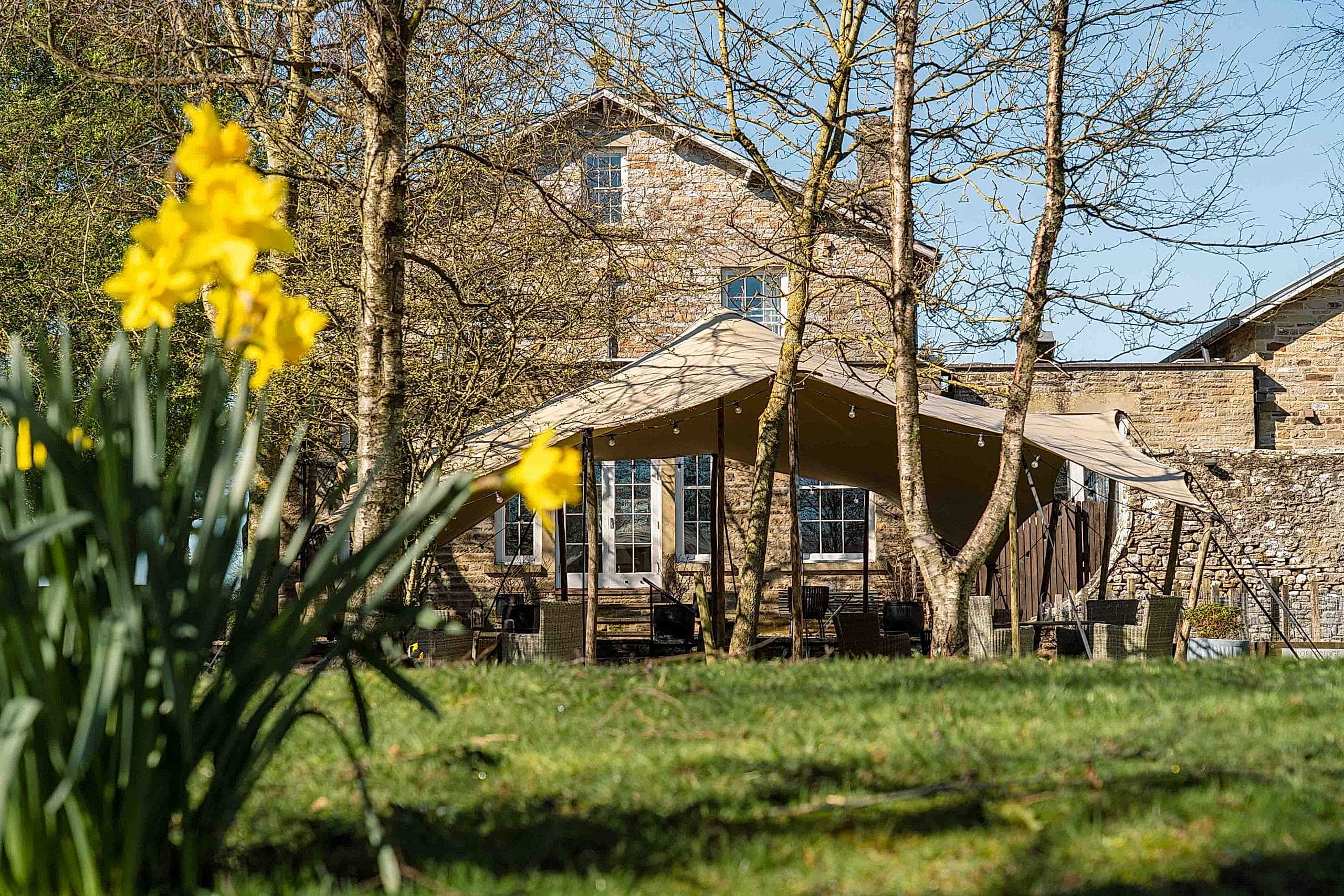The image shows the grounds of Yorebridge House Hotel in the Yorkshire Dales in spring time with daffodils and outdoor furniture.