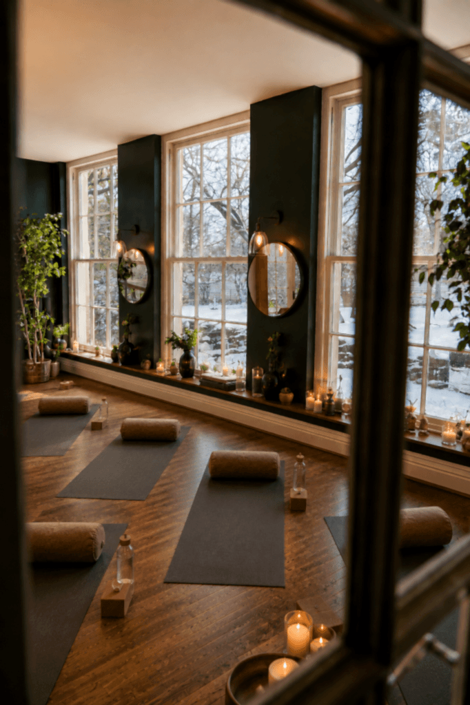 The image shows the Orangery at Yorebridge House Hotel in Bainbridge, North Yorkshire set up for their winter yoga & wellness retreat in December 2026.