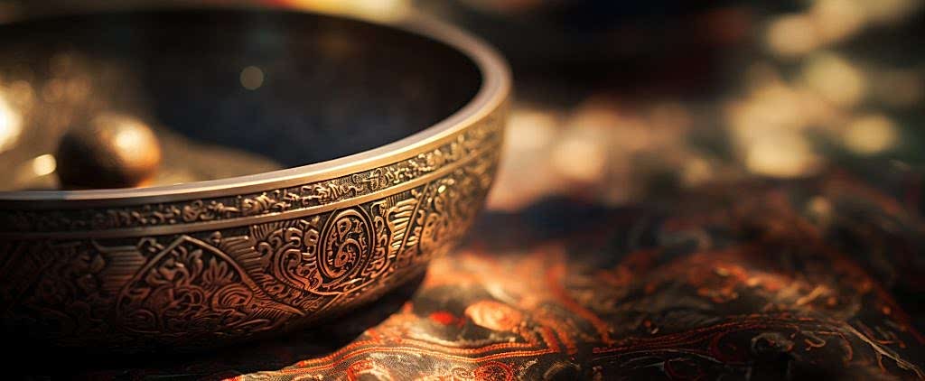 The image shows a Tibetan singing bowl used for meditation, sound healing and relaxation during yoga practices. Yorebridge House is hosting a winter yoga & wellness retreat in December 2026 to promote making time for relaxation during the busy Christmas period.