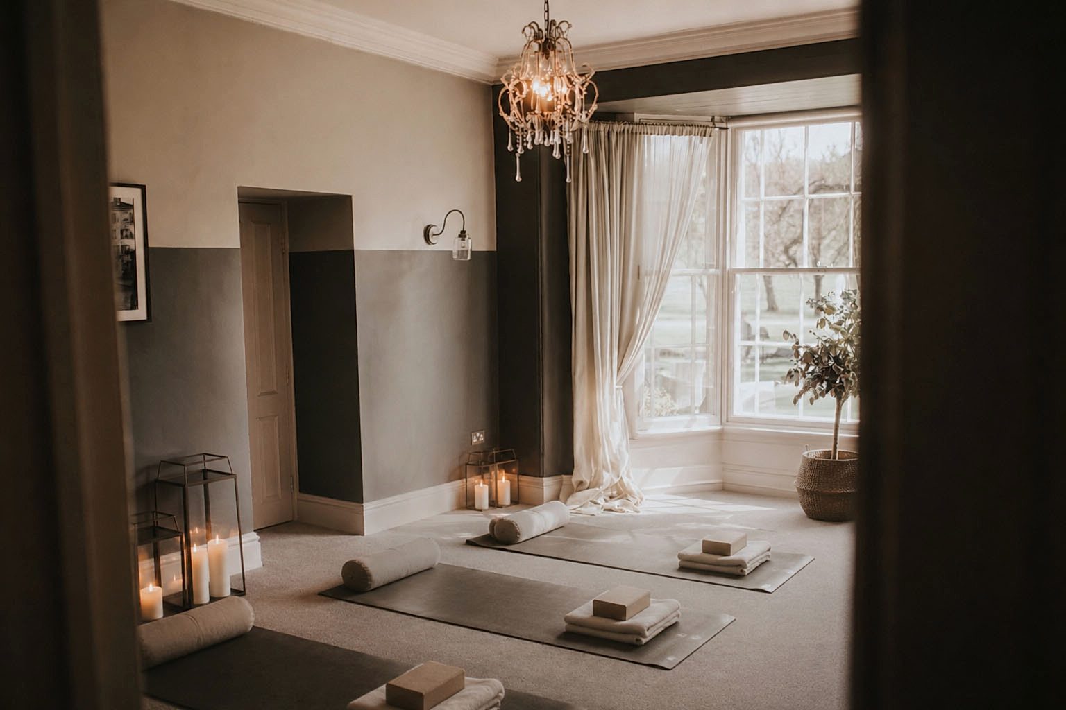 Image of The Masters Suite at Yorebridge House set up for a private yoga and wellness class.